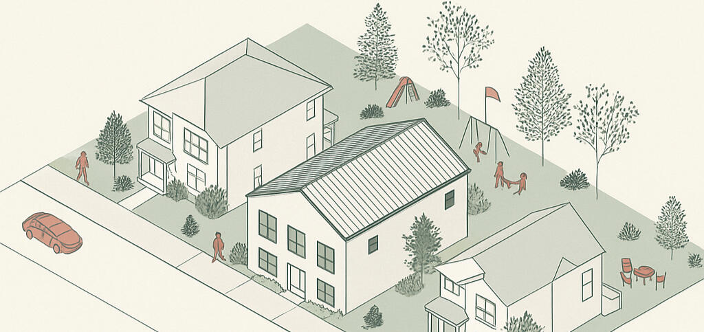 Neighbourhood housing illustration Independent diagnostic illustration informed by publicly available housing precedents. No ins